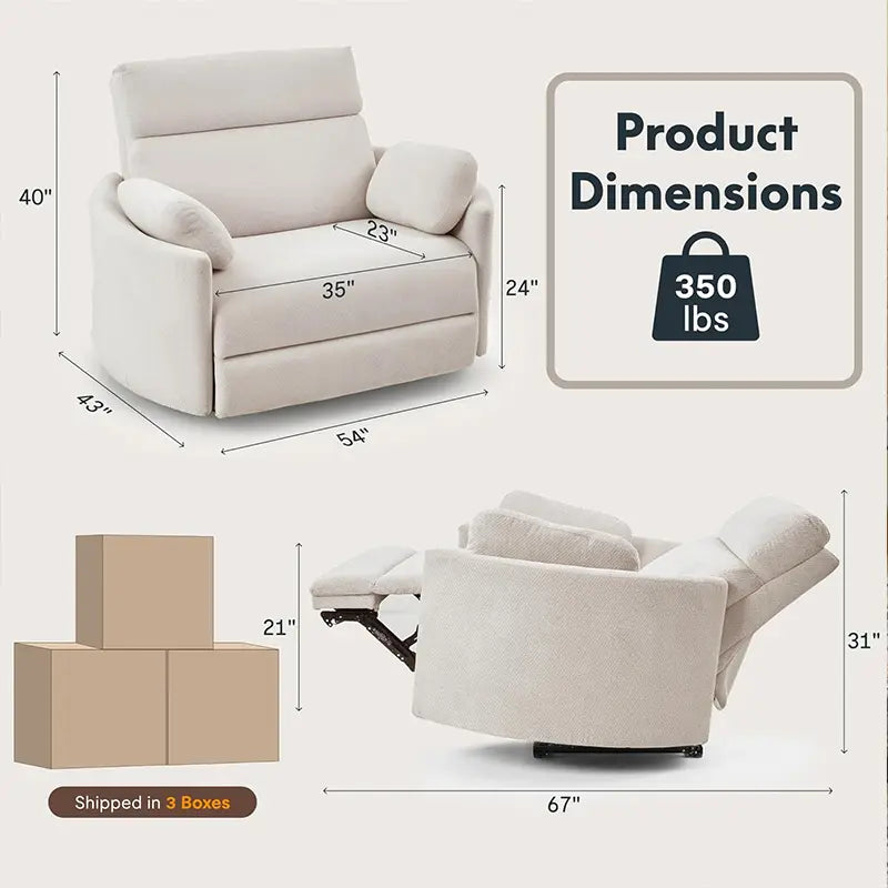 Prime Picks 54" Oversized Power Recliner Chair for Big & Tall Adults | Chenille Electric Recliner with USB-C Charging